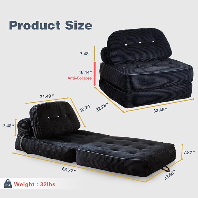 Folding Sofa Bed Flannel Futon Couch Bed with Pillow and Blanket Convertible Sleeper Chair for Small Space Apartment Guest Room Black