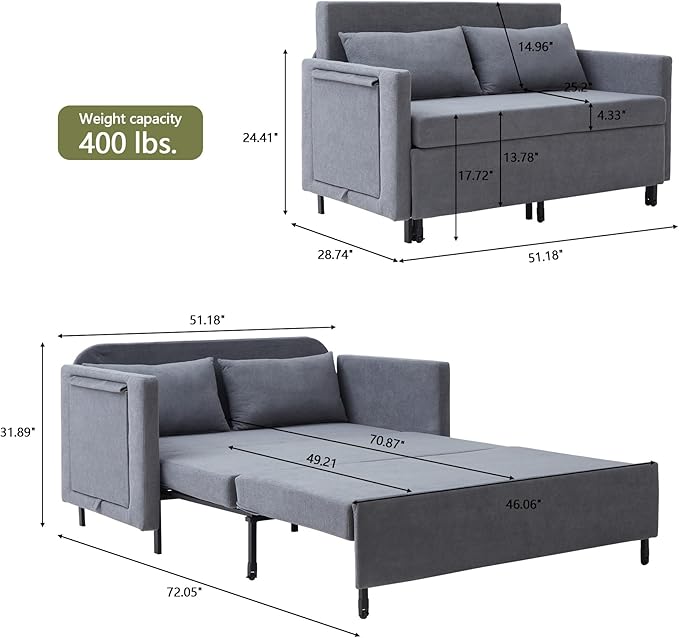 QHITTY Pull Out Couch Bed 2-in-1 Sleeper Sofa Small Loveseat Bed with Hidden Side Table and Iron Frame for Living Room Small Space Apartment (Grey)