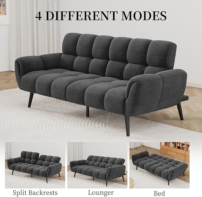 Convertible Futon Sofa Bed 76.77 Modern Linen Futon Couch Comfy Sleeper Sofa with Adjustable Backrests Couch Bed for Small Spaces Living Room Bedroom Apartment Dark Grey
