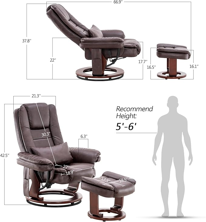 MCombo Swivel Recliner with Ottoman Chair TV Chair Sets with Vibration Massage for Small Space Living Room Bedroom 9096 9099 (Faux Leather Dark Brown)