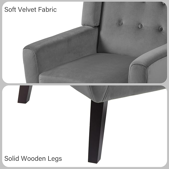 Accent Chair Mid-Century Modern Velvet Fabric Chairs with Arms for Living Room Comfy Upholstered Club Single Sofa Armchair for Bedroom Waiting Room with Solid Wood Frame (Velvet Grey Set of 1)