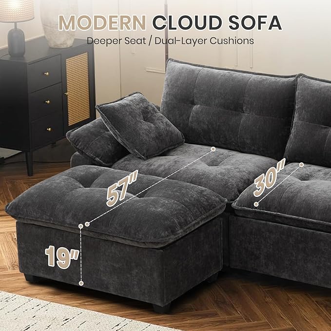 89 Modular Sectional Sofa Comfy Cloud Couch with Movable Ottoman 3-Seat Chenille Deep Seat Sofa with Throw Pillows/USB Ports for Living Room Office and Apartment (Dark Grey)