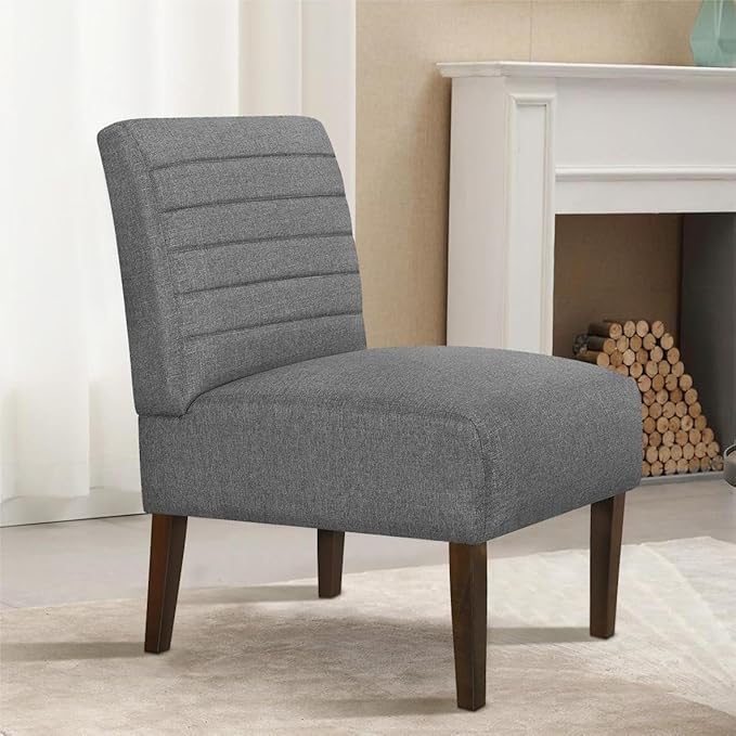 Slipper Accent Chair Modern Armless Lounge Chair with Wood Legs Upholstered Makeup Vanity Tufted Side Chair Fabric Comfy with Decor Back for Living Room Bedroom Patio (Horizontal Back Grey)