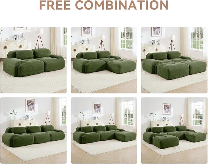117.3 L Shaped Sectional Cloud Sofa Couch Corduroy Modern Memory Foam Boneless Modular Couches Chaise for Living Room Bedroom(3-Seater&amp2 OttomanGreen)