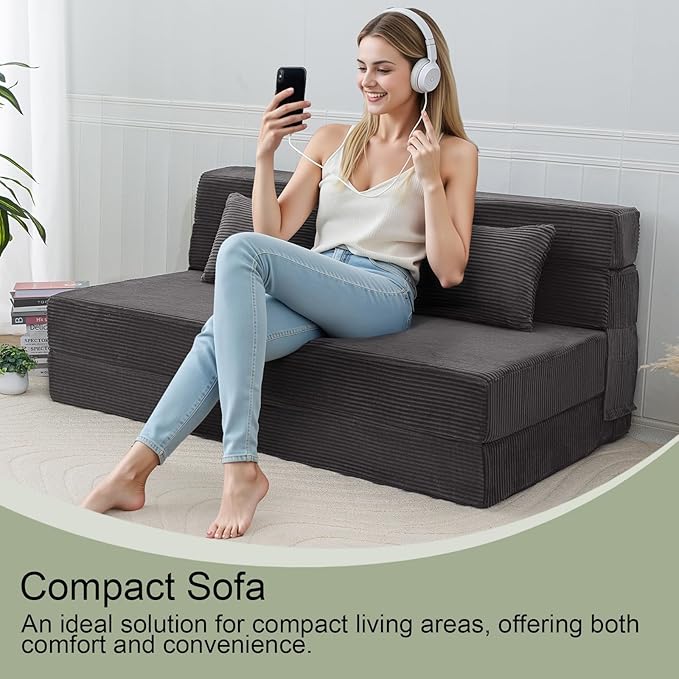 MeMoreCool Boneless Folding Sofa Bed Queen Corduroy Convertible Sleeper Chair Foldable Foam Mattress Chair Comfy Fold‑Out Futon Couch Bed Large Floor Sofa Couch for Living‑Room Guest
