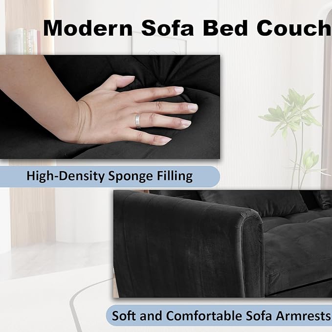 64.9 Velvet Convertible Sofa Bed 3-in-1 Sleeper Loveseat with Adjustable Backrest &amp Soft Armerest Modern Futon for Small Spaces Apartment Living Room Office (Black)