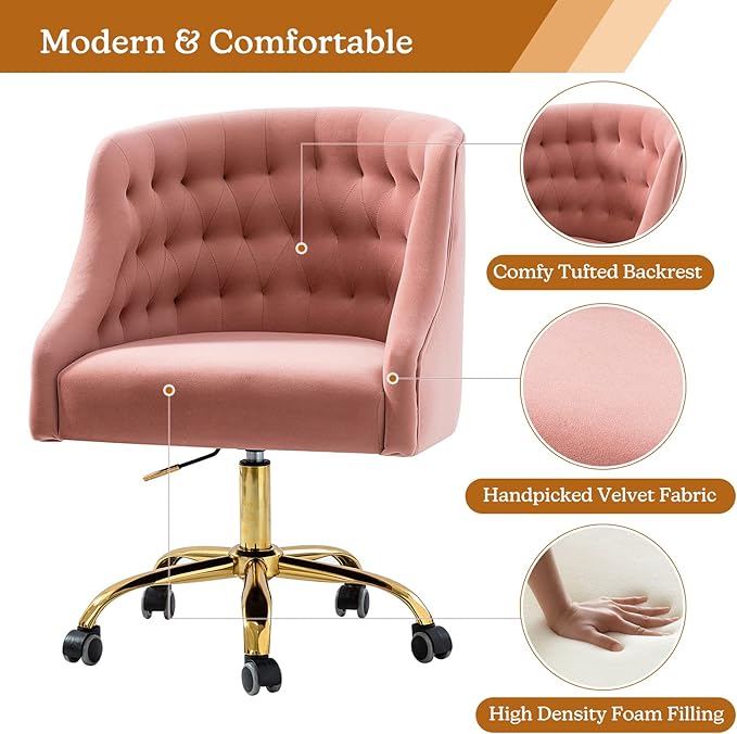 Velvet Home Office Chair with Gold Base Comfortable Modern Cute Desk Chair Adjustable Swivel Task Chair for Living Room Bedroom Vanity Study Pink