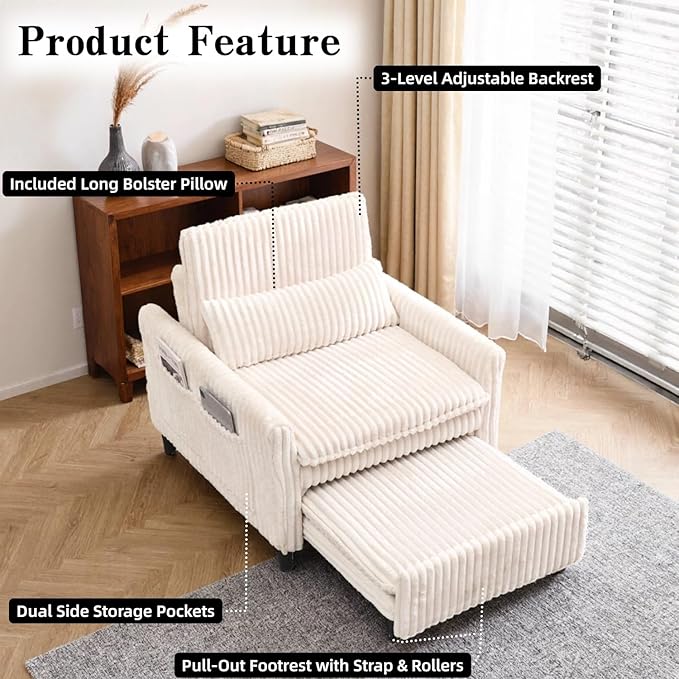 32 Wide Convertible Sleeper Chair3-in-1Pull Out Single Sofa Bed with Adjustable Backrest &amp Side Storage Pocket | Space-Saving Couch for Small Spaces Living Room &amp Bedroom (Beige)