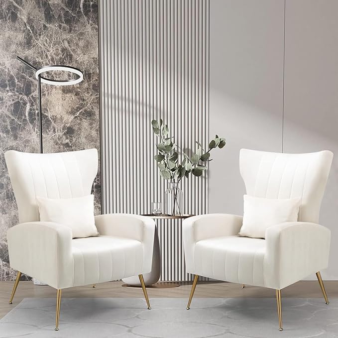 Velvet Accent Chairs Set of 2 Modern Living Room Chair with Gold Legs &amp Pillow Bedroom Side Chair with High Wingback White