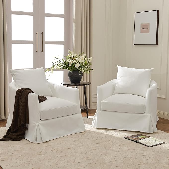 KINWELL 32 Wide Upholstered Down Fill Slipcovered Swivel Barrel Armchair Set of 2 Modern Comfy Swivel Accent Chair with Pillow Back for Living Room Bedroom Fully Assembled (Pearl White)