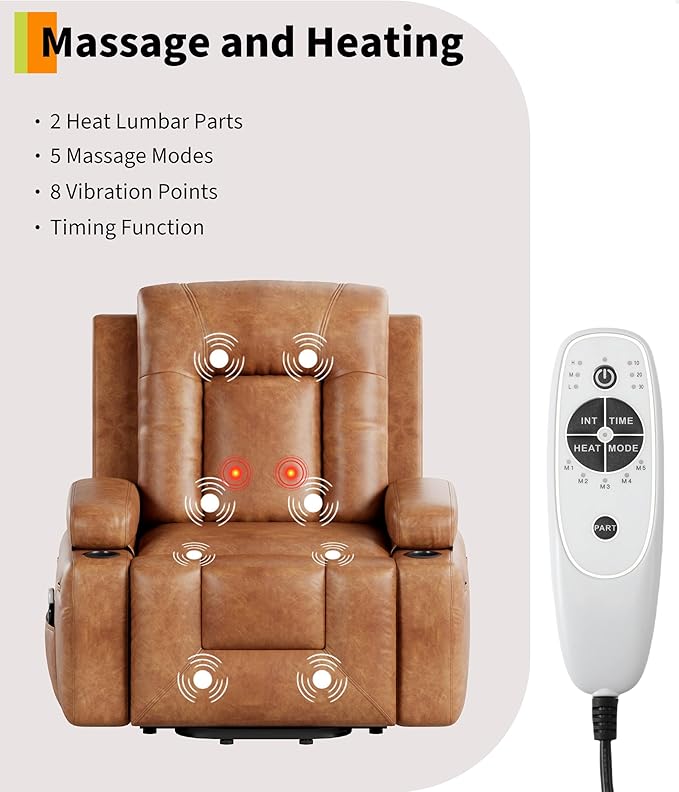 GarveeHome Power Lift Recliner Chair - Heat and Massage PU Leather Electric Lift Recliner for Elderly &amp Mobility Impaired Adjustable Back and Legs Heavy Duty Lift Chair for Seniors