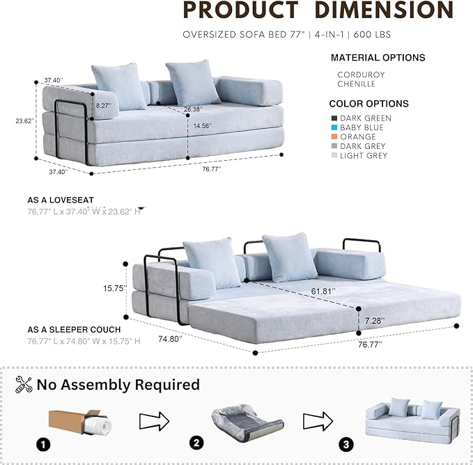 Alpen 77 Futon Couch Bed 4-in-1 Convertible Sleeper Queen with L-Shaped Armrests Floor Couch Beds Lazy Sofa for Living Room Bedroom Apartment Light Blue