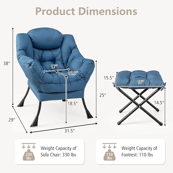 Giantex Lazy Chair with Ottoman Accent Sofa Chair with Folding Footrest Side Storage Pocket Upholstered Leisure Lounge Armchair with Stool for Bedroom Living Room Office Blue