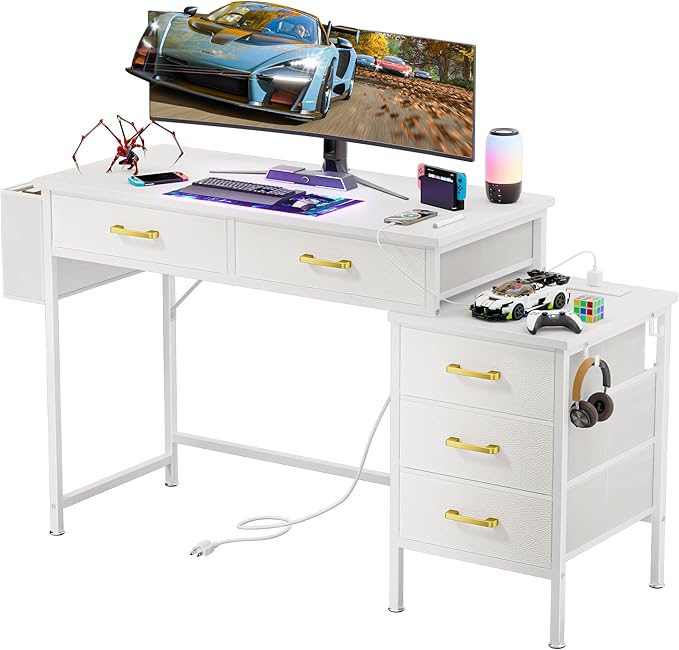 Computer Desk with Charging Station Home Office Desks with Printer Stand PC Table with 5 Fabric Drawers White Desk with Storage Vanity Desk for Small Space White