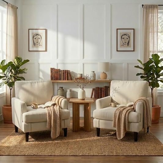 Kromax Accent Chair for Living Room Set of 2 No Screws Assembly Required Mid-Century Reading Chair for Bedroom Comfy Upholstered Armchair with Sturdy Legs Single Sofa Chair for Apartment Beige