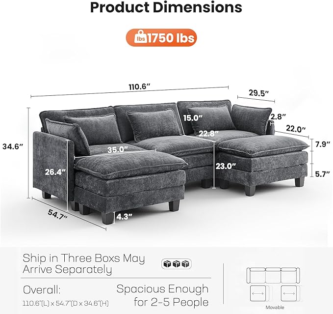 Amada Sectional Couches for Living Room 111.5-U Shape Comfy Cloud Modular Sectional Sofa 5-Seater Chenille Deep Seat Sofa Sleeper with 2 Movable Ottomans&ampThrow Pillows (Grey) | Chenille