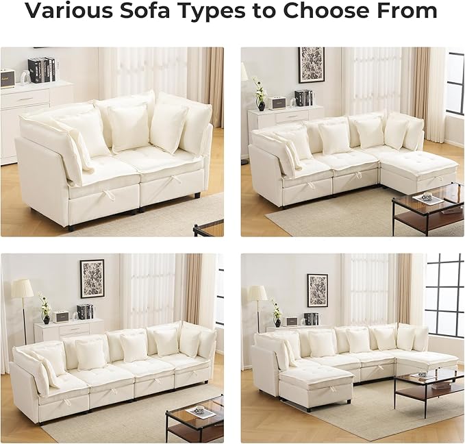 103 Modular Sectional Sofa L-Shaped Corduroy Comfy Sectional Couches for Living Room 3-Seater Cloud Couches with 1 Ottoman Modern Deep Seat Sofa with Large Storage Beige