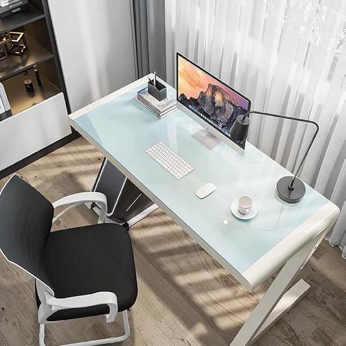 Tempered Glass Computer Desk Modern Design Student Writing Desk Study Desk Home Office Desk Gaming Desk Personal Workstation with Z-Shaped Metal Frame(39 Inch White)