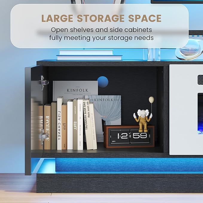80 Fireplace TV Stand Modern Entertainment Center for TVs Up to 90 TV Console with Storage Cabinets Media Console for Living Room Black TV Stand and White Fireplace