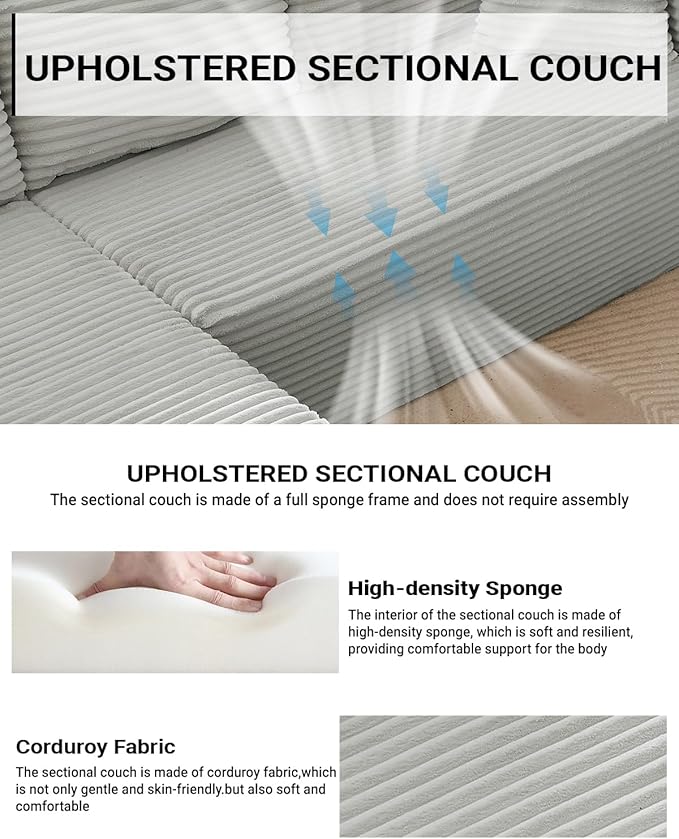 Cloud Sectional Couch 105 Inch Modular Sectional Sofa with Deep Seat Corduroy Boneless Couches with L-Shape Chaise for Living Room Bedroom Left Facing Chaise No Assembly Required (Light Grey)