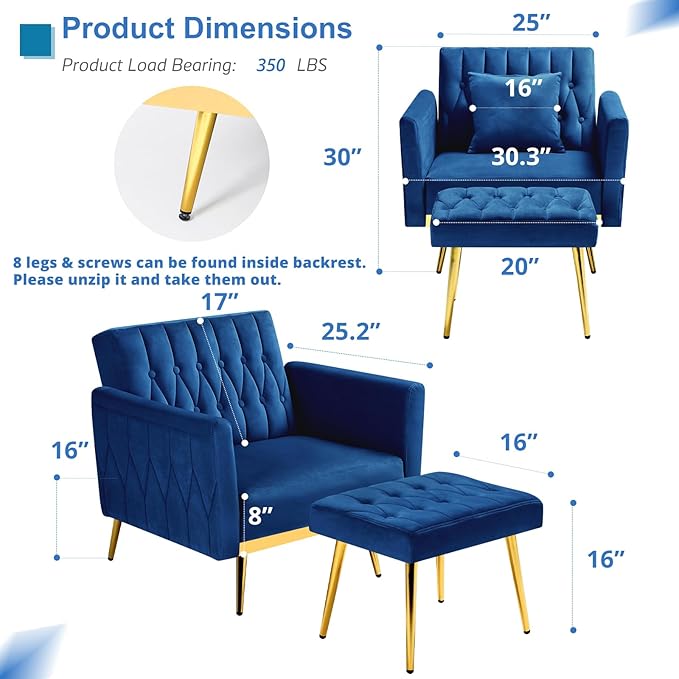 2 Pieces Velvet Futon Sofa Set with Adjustable Backrests and Armrests 70” Convertible Sofa Bed &amp Tufted Accent Chair with Ottoman for Living Room Blue