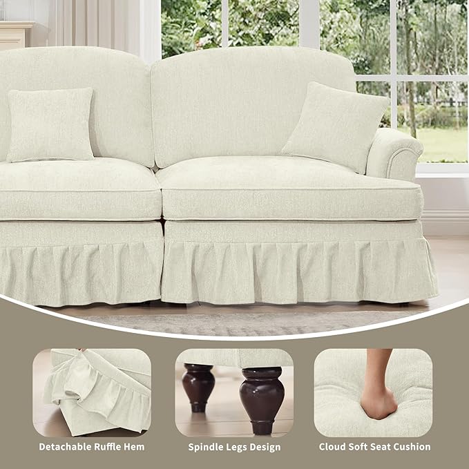 Rovibek 107” U Shaped Couch Chenille Midcentury Modern Sofa with Detachable Ruffle Hem Sectional Couches for Living Room with Throw Pillows &amp 2 Ottoman White