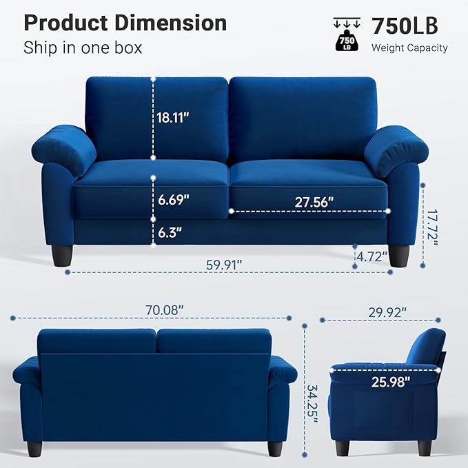Vesgantti 70 Blue Living Room Couch Sofa Mid Century Modern Loveseat Velvet Deep Couches for Small Spaces Bedroom Apartment Office Removable Sofa Cover Spring Cushions Easy to Install