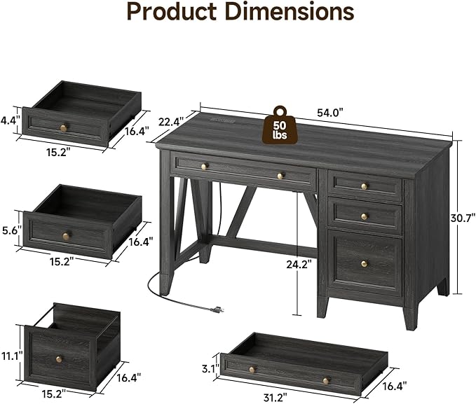 ONBRILL 54 Inch Farmhouse Executive Desk Computer Desk with Storage Drawers &amp File Drawer Modern Home Office Desk with Charging Station for Working Studying Writing Brown (Black)