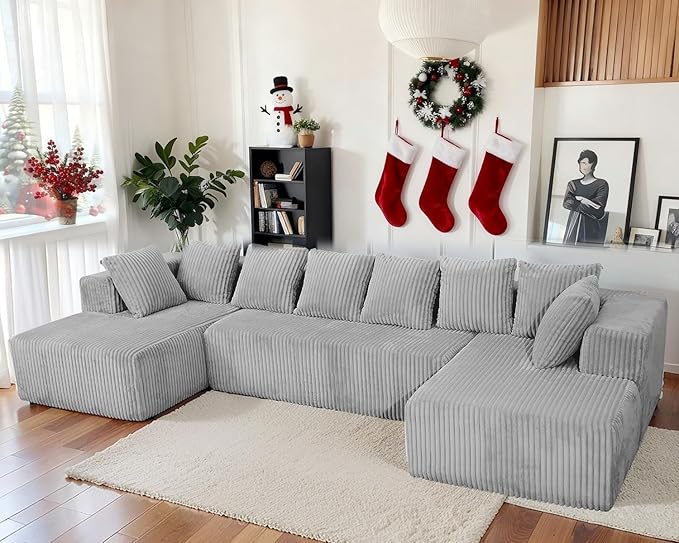 130 Modular Cloud Sectional Sofa with Chaise Deep Seat Plush Boneless Couch with Memory Foam Comfy Fluffy Couch U-Shaped Sectional Couches for Living Room No Assembly Required Grey