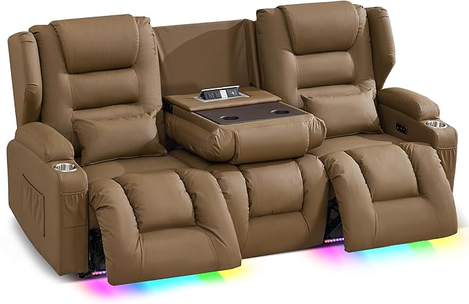 SAMERY Loveseat Recliner Sofa Power Reclining Loveseat Sofa Wall Hugger Recliners RV Couch with Flip-Backrest Solid Wood Top Ambient LED Lights USB-C Outlets Faux Leather Khaki | Extra Wide Se