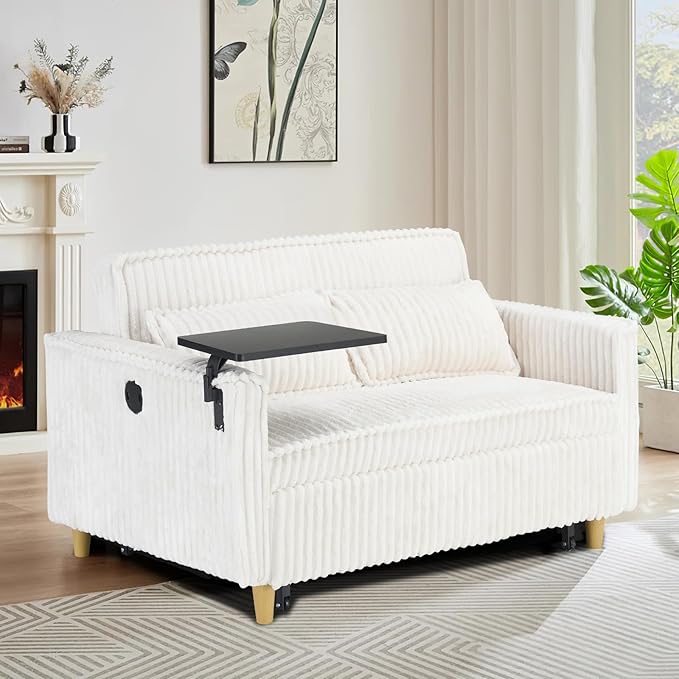 54W Convertible Sleeper Sofa Bed3-In-1 Corduroy Pull Out Couch BedFuton Loveseat Sleeper Couch with Adjustable Backrest &amp USB Ports &amp Side TableRecliner for Office/Living Room/Small Space(