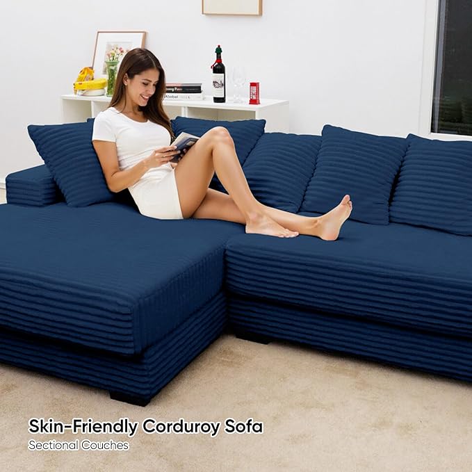 111'' Sectional Corduroy Sofa with Chaise Extra Large L Shaped Convertible Sleeper Couches Set Reversible Bed with 8pcs Cushions for Living Room Bedroom