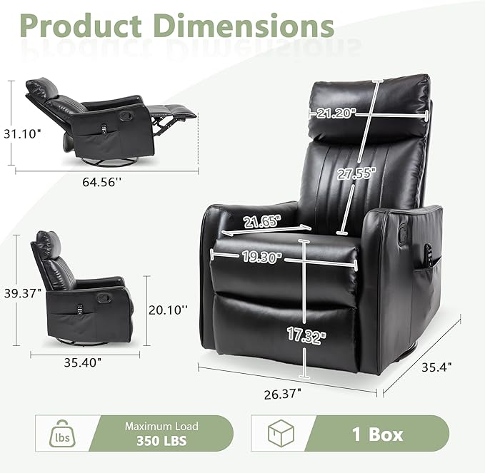 cinkehome Heated Massage Swivel Rocker Recliner Chair for Nursery - Small Space Reclining Chair with Lumbar Support 360° Swivel &amp Gentle Rocking Ergonomic High Back Faux Leather Black