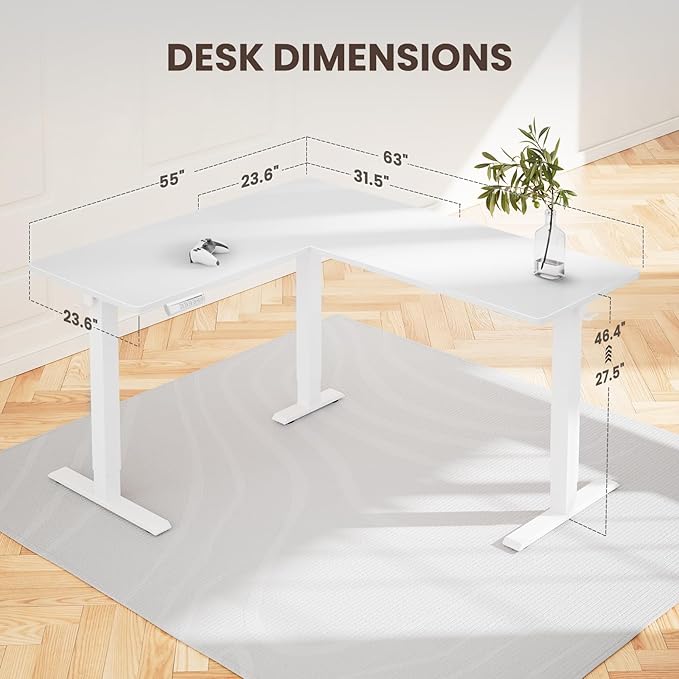 ErGear L Shaped Standing Desk 63x55 Electric Adjustable Height Sit Stand up Desk Ergonomic Large Computer Table Left &amp Right Interchangeable Installation Suitable for Home Office White