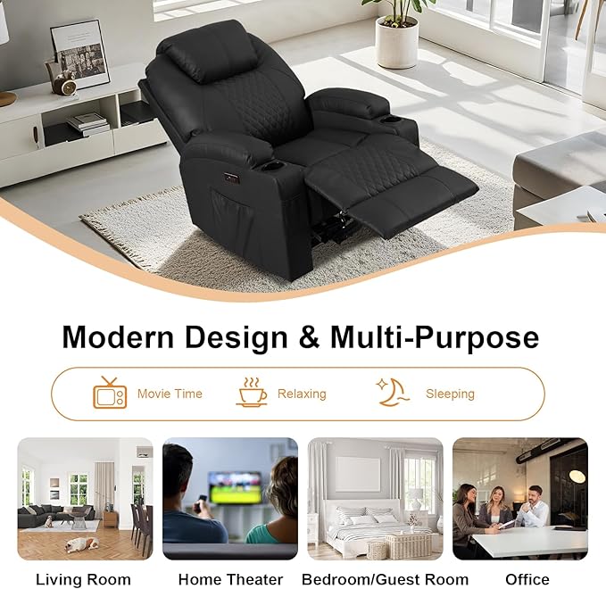 AHMED Power Recliner Chair with Vibration Massage &amp Heat for Adults Faux Leather Home Theater Seating with Cup Holders/LED Lights/USB Ports/Side Pockets for Living Room Black