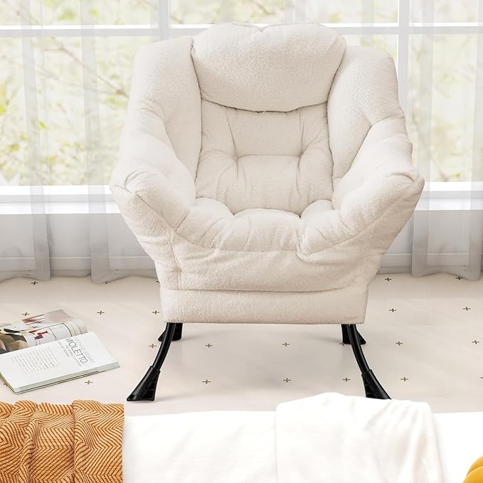 Giantex Set of 2 Lazy Chairs Modern Sherpa Accent Chair w/Upholstered Single Sofa Chair w/Armrests &amp Side Pocket Leisure Reading Lounge Chair for Living Room Bedroom Office Dorm (White)