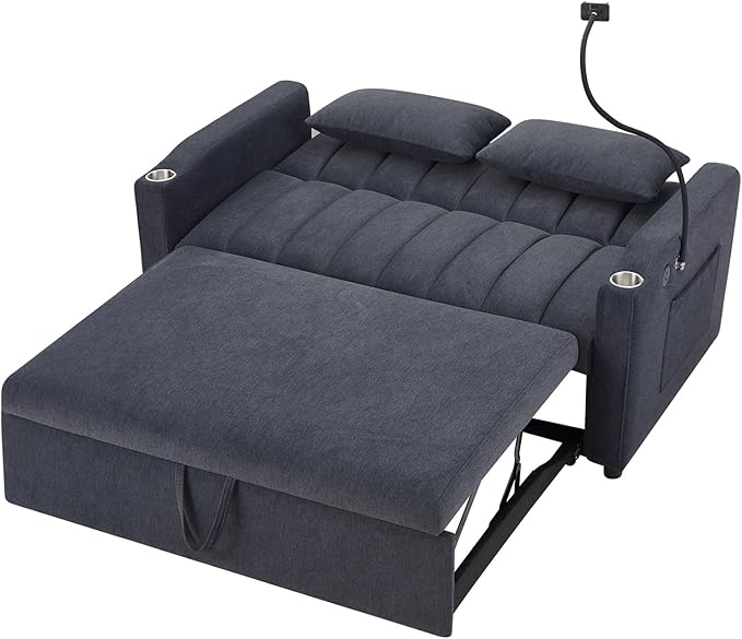 Pull Out Sofa Bed 55.9 Convertible Sofa Bed with 360°Swivel Phone Holderm Two Side Pockets Two Cup Holders 3 Level Adjustable Backrest Bella Fabric Loveseat Sofa (Blue Grey * Loveseat90)