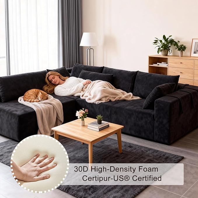 Moliy 108 Modular Chenille Sectional Couch - L Shaped Cloud Comfy Deep Seat Sectional Couches for Living Room No Assembly Required Sofas for Living Room （Black）