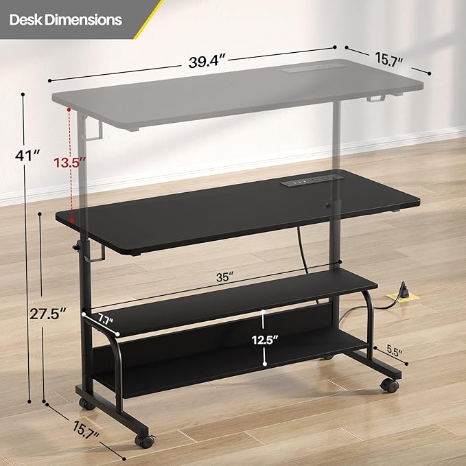 Armocity Rolling Standing Desk with Power Outlets 39 Manual Height Adjustable Mobile Computer Desk with Wheels Small Portable Sit Stand Laptop Couch Table for Bed &amp Sofa Home Office Black