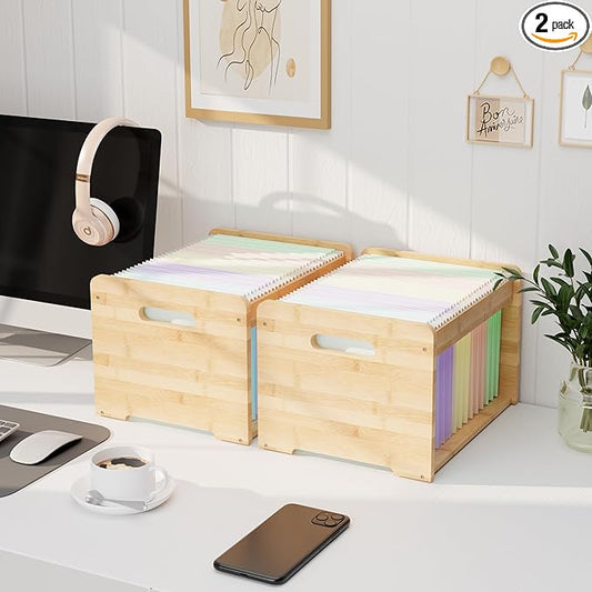 2 Pack Bamboo Hanging File Organizer Office Desk File Organizer for Letter Size Wood Hanging File Folders Organizer Record Holder Storage Stand Bookshelf Easy Assembly Natural