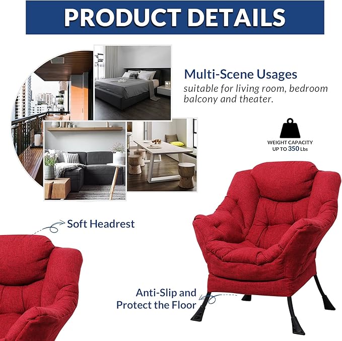 Modern Lazy Chair with Portable Ottoman Accent Contemporary Lounge Chair Steel Frame Leisure Sofa Chair Set with Footstool Armrests Side Pocket for Living Room Bedroom Office Red