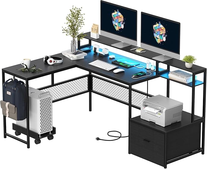 L Shaped Desk with Drawers 66 Home Office Desk with Power Outlet and Led Strip Computer Desk with Storage Shelves &amp Monitor Stand Large Corner Desk Gaming Desk Black