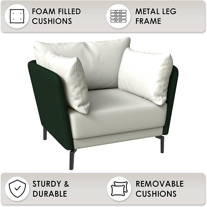 LeisureMod Modern Green Single-Seater Sofa Couch Contemporary Lounge Accent Side Armchair Upholstered in PU Leather with Metal Legs &amp Foam Filled Seat for Living Room Office Bedroom