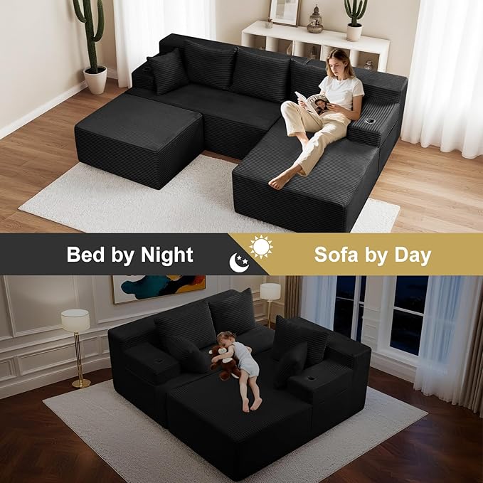 Boneless Couch Cloud Modular Sectional Sofa Modern Convertible L Shaped 3 Seat Corduroy Deep Seat Boneless Couches with 5 Pillows for Living Room Apartment (Black Right Facing Chaise+Ottoman)