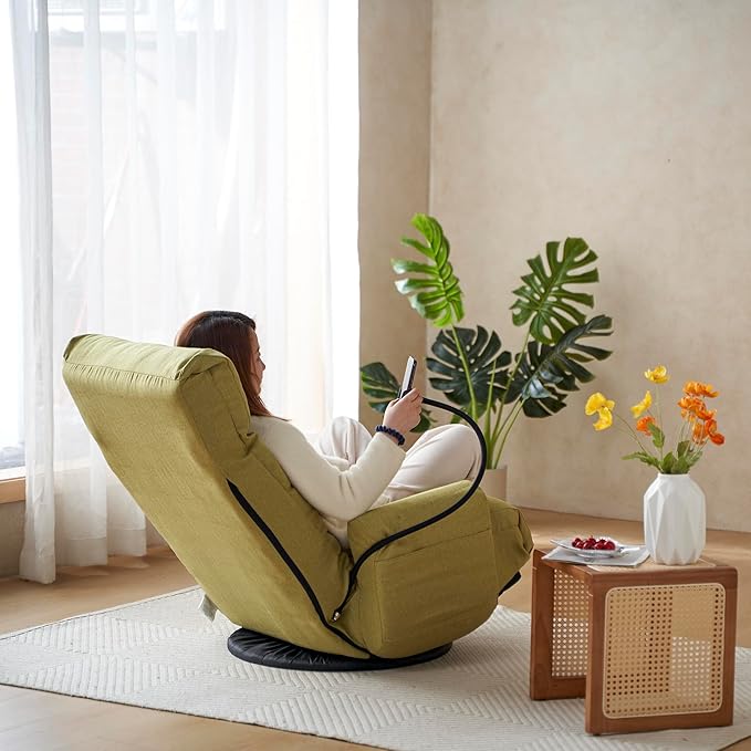 Gwen Upholstered 360° Swivel Chair Lounge Chair with Adjustable Backrest/Headrest Metal Frame Living Room Lounge Sofa and Phone Holder Comfy Bean Bag Chair Green