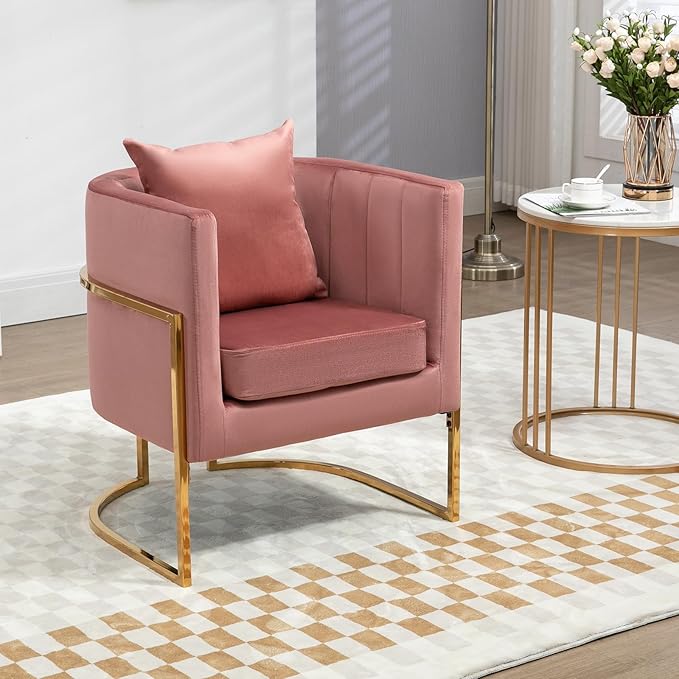 Velvet Modern Accent Chair Upholstered Barrel Armchair Mid Century with Pillow for Living Room Comfy Single Vanity Chair with Metal Gold Legs for Bedroom Pink