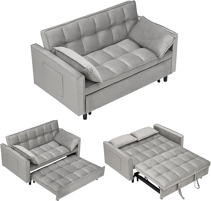 55 Modern Velvet Loveseat Sleeper Sofa 3-in-1 Convertible Pull-Out Bed with Adjustable Backrest 2 Pillows &amp Side Pockets Small Pull Out Couch for Living Room Apartment(Gray)