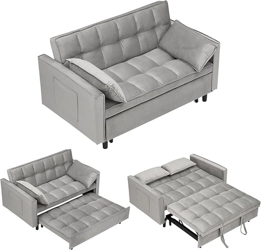55 Modern Velvet Loveseat Sleeper Sofa 3-in-1 Convertible Pull-Out Bed with Adjustable Backrest 2 Pillows &amp Side Pockets Small Pull Out Couch for Living Room Apartment(Gray)