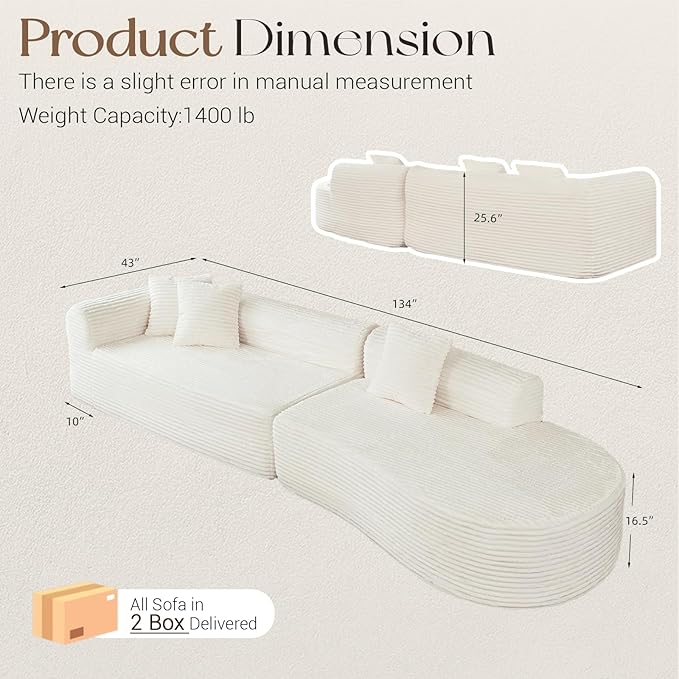 Esright 134’’ Modern Sectional Couches for Living Room 1400LBS Oversized Modular L-Shaped Curved Sofa with 3 Pillow Bolsters Large Comfy Cloud Couch Sofa (Beige)