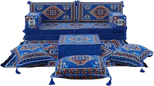arabicsofa 8 Inch Thick Royal Blue Arabic Floor Cushion – Handmade Modular Majlis Seating with Backrest Pillows